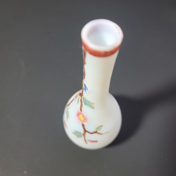 Frosted Glass Bud Face Hand Painted Pink And Blue Flowers on Branch 6" Vintage - Picture 3 of 8